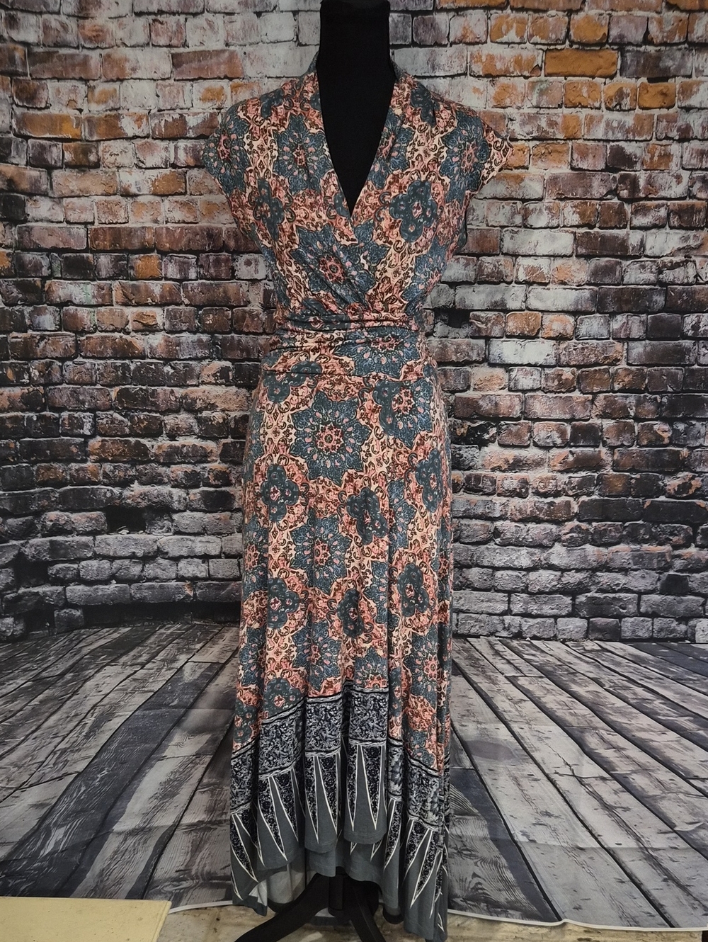 Anthropologie Maeve Teal and Peach Floral Wrap Maxi Dress